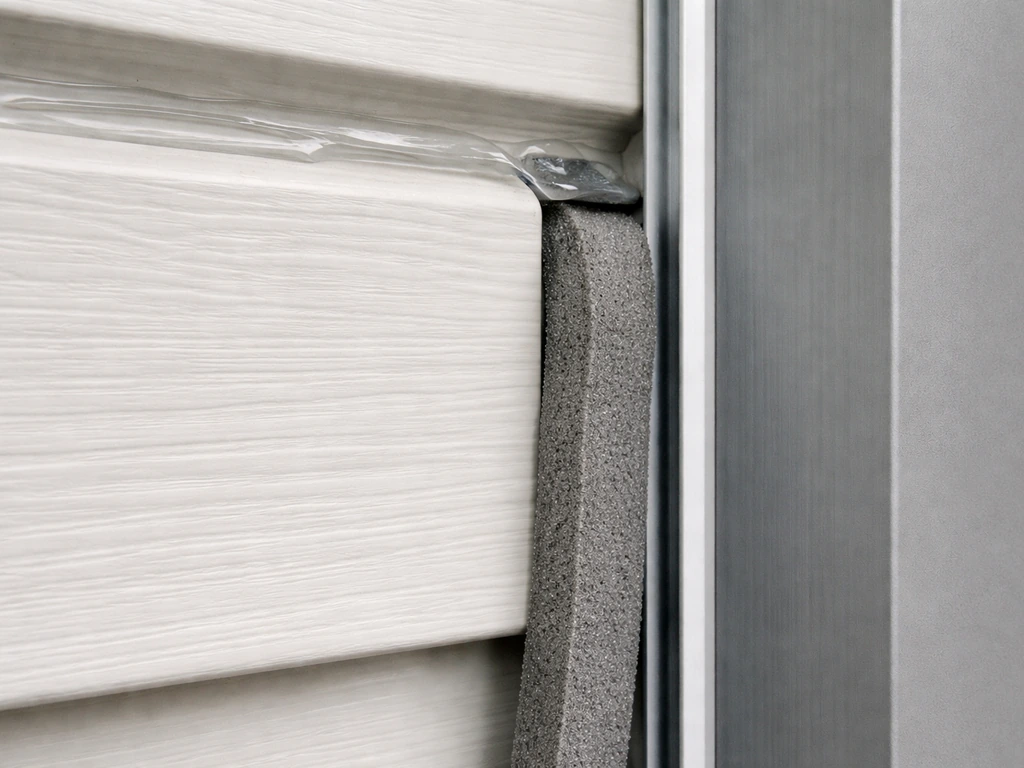 Close-up of foam weatherstripping tape sealed behind a vinyl panel overlap seam and clear silicone caulk at the top edge