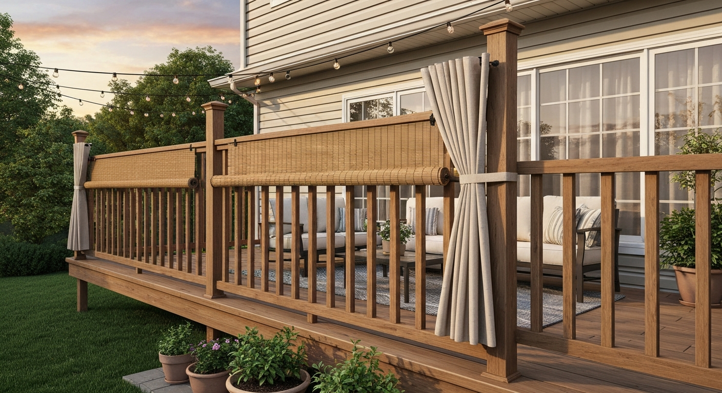 Cozy patio with bamboo-covered railing and tied-back outdoor curtains.