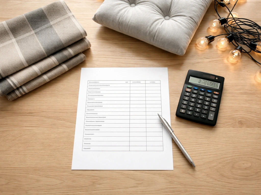 Top-down view of a patio budget sheet with calculator and nearby rug, cushions, and outdoor lights.