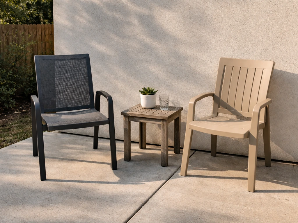 Two mismatched budget outdoor chairs with a small side table on a patio, leaving clear space around them.