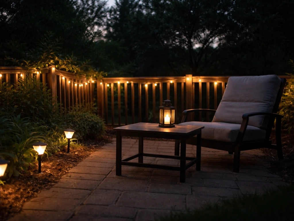 Patio at dusk with warm string lights along the perimeter and small solar path lights lit