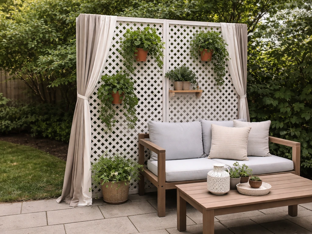 DIY lattice privacy screen with trailing plants beside patio seating, creating a cozy enclosed feel.