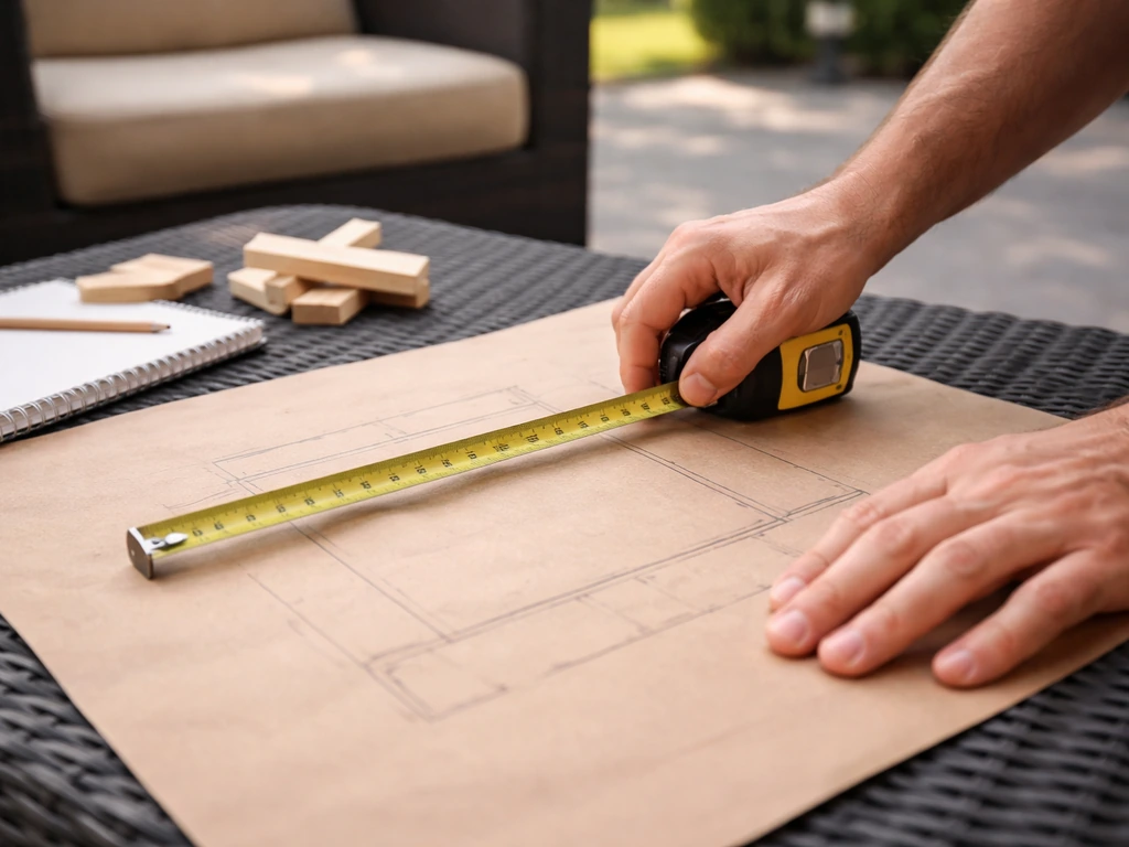 Person measuring a patio space with a tape measure over a simple hand-drawn layout on paper
