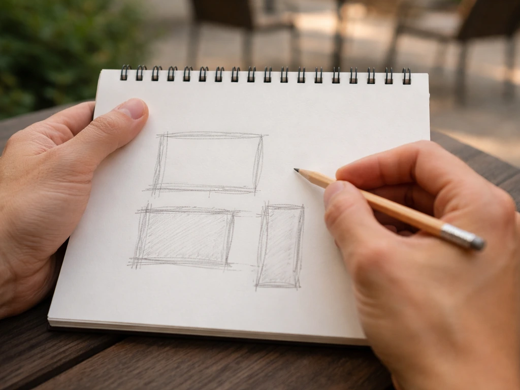 Hands sketching rough patio zoning rectangles on paper with a pencil and patio furniture in soft background.