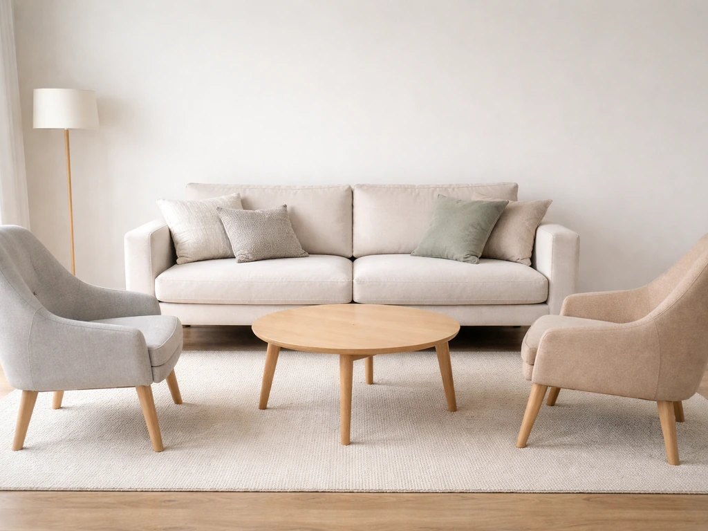 Lounge seating setup with a sofa and two angled chairs arranged for conversation in a bright room.
