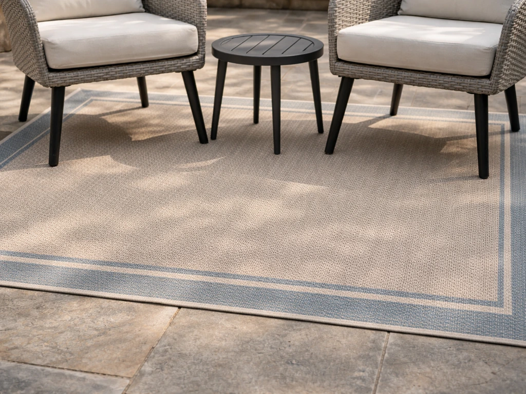 Outdoor patio showing a rug sized so chair legs sit fully on it