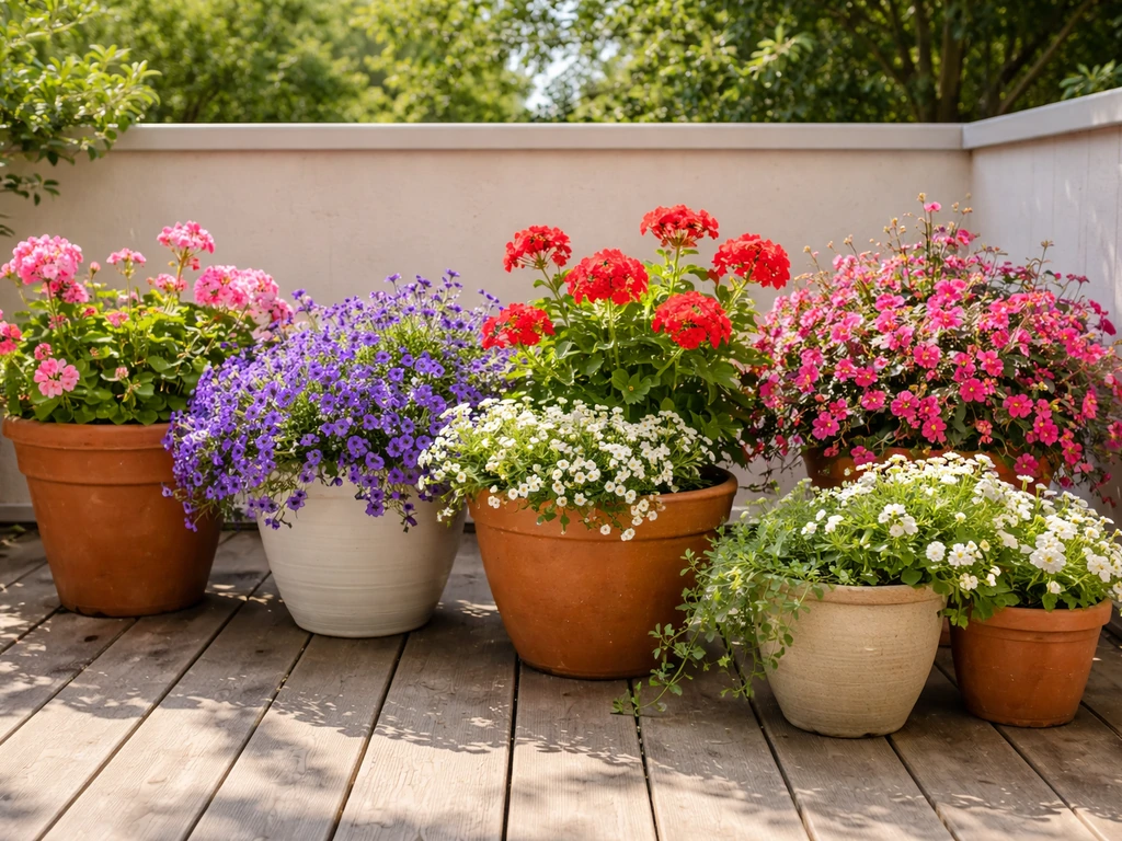 Bright patio with mixed-height flower containers and colorful blooms in sunlight.