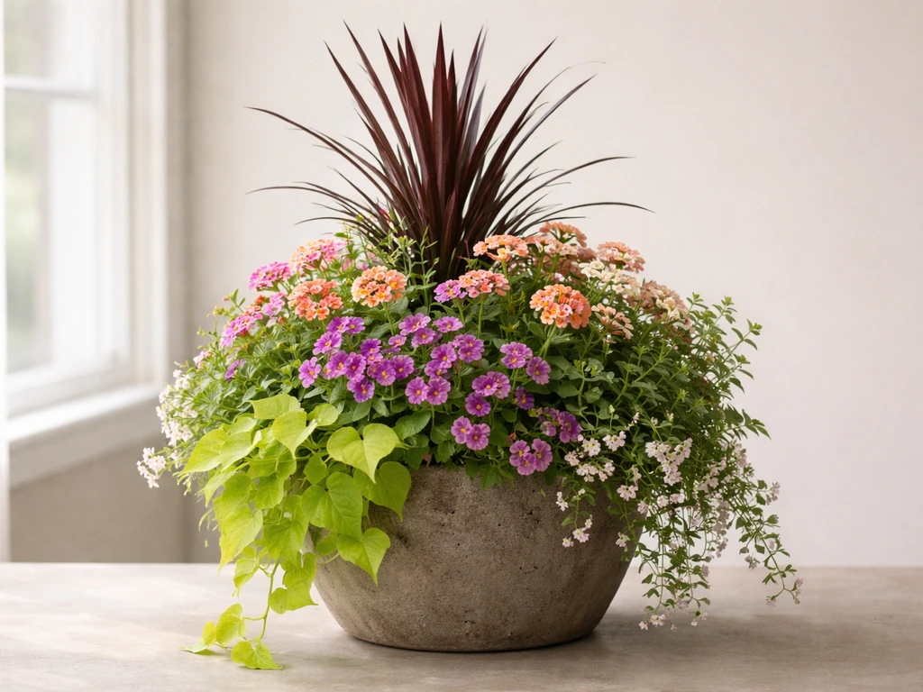 A minimalist flower container arranged with a tall centerpiece, mid filler blooms, and trailing spillers.