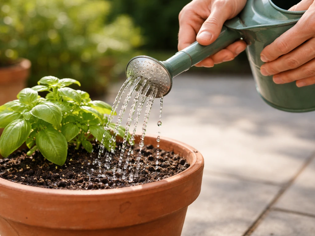 Hands watering a terracotta patio pot at the soil level with visible droplets and wet soil.