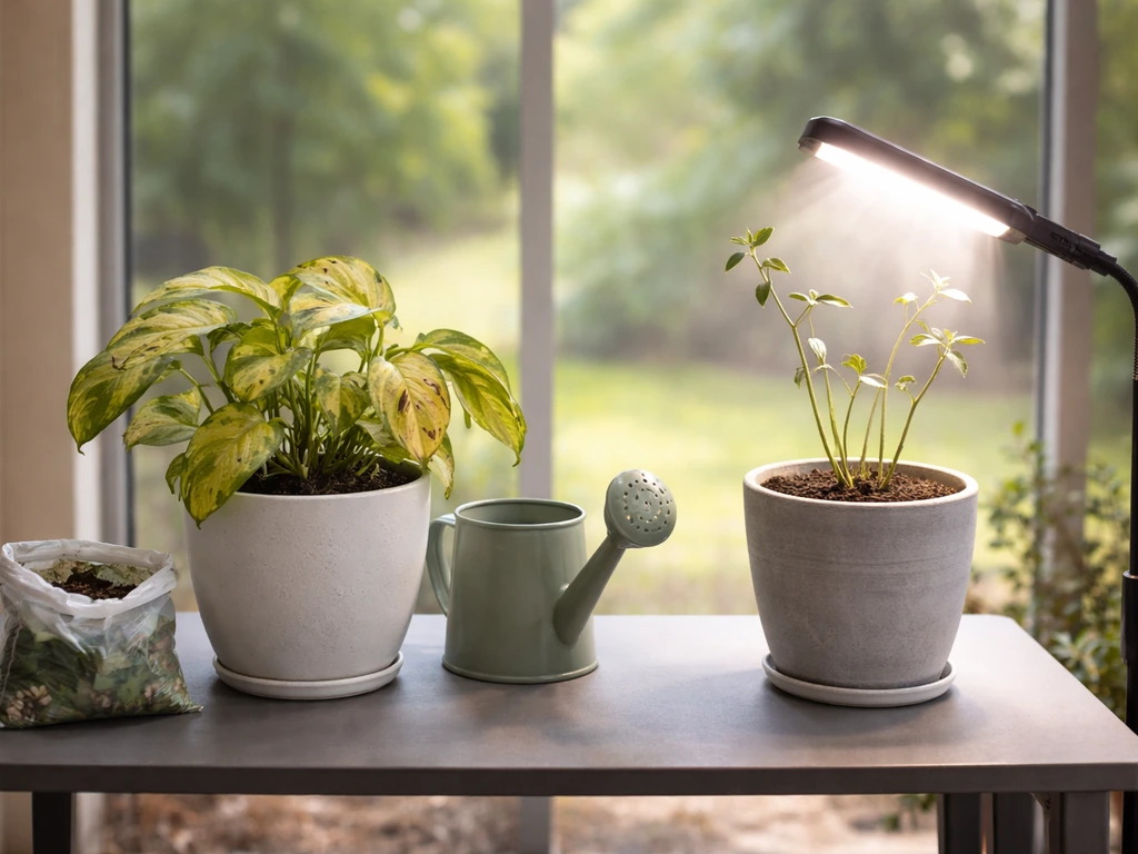 Side-by-side patio pots showing yellowing leaves on one plant and leggy growth on the other with fixes nearby.