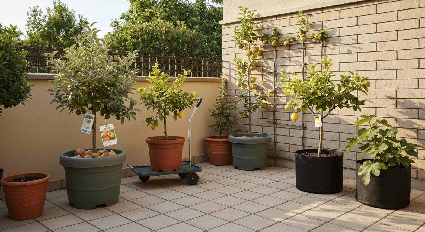 Sunlit patio with several container fruit trees — dwarf apple, potted lemon on a wheeled caddy, fig in a fabric pot — and an espalier apple against a wall; healthy foliage and visible fruit.