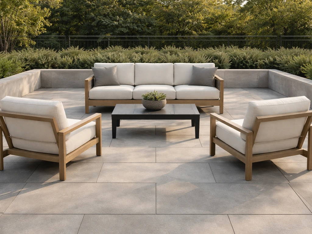 Patio conversation lounge with two chairs facing a sofa around a central coffee table