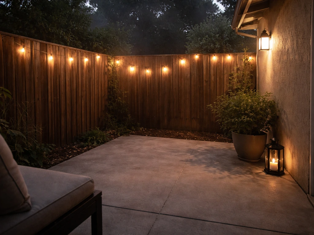 Dusk patio lit by warm string lights and a lantern, creating a cozy inviting ambiance.