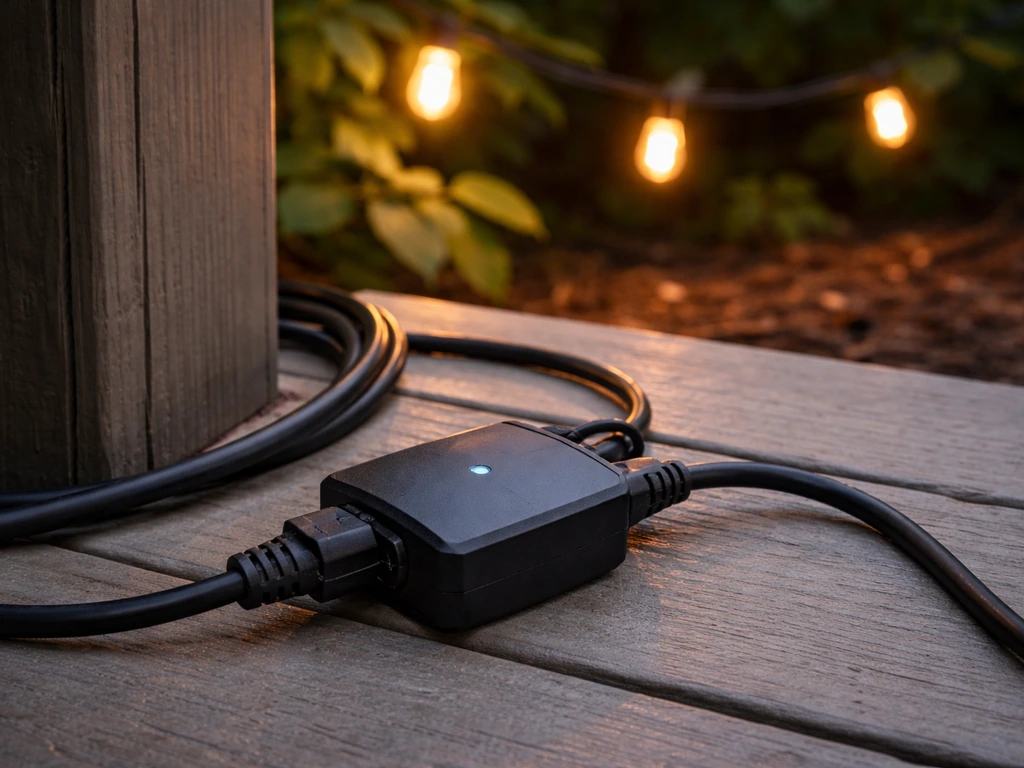 Close-up of outdoor smart plug with string lights plugged in on a patio surface