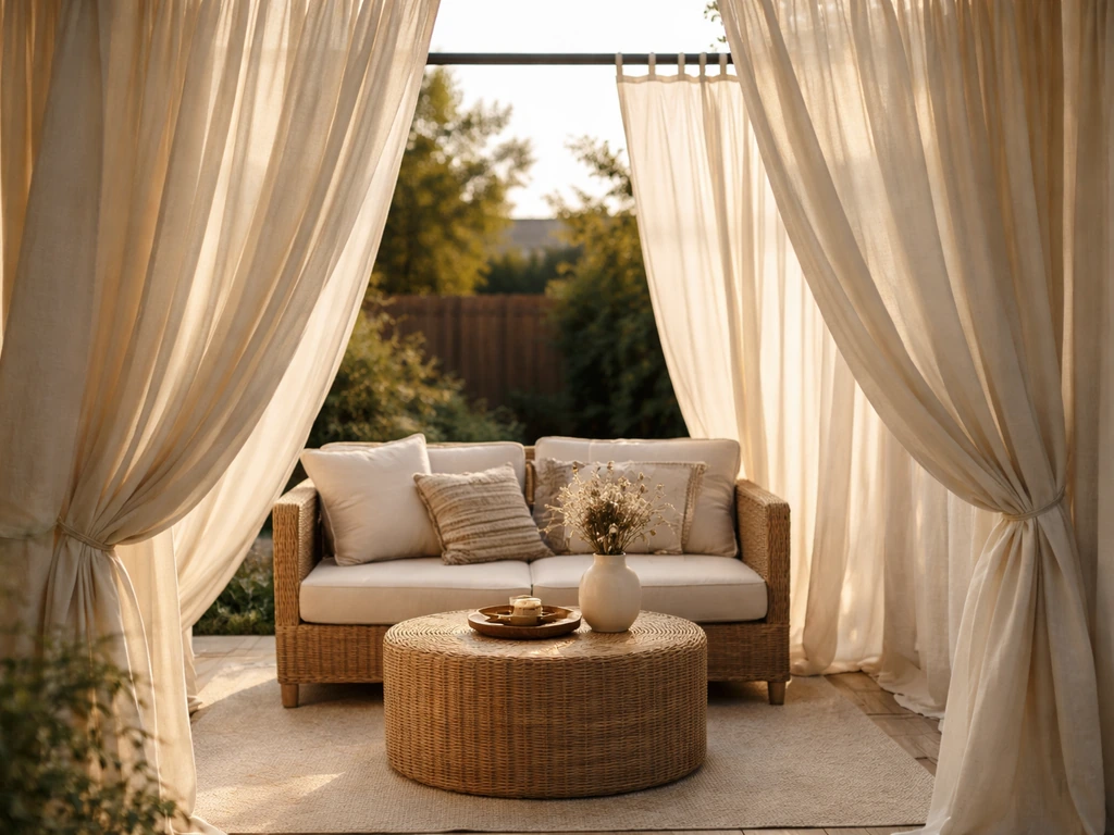 Outdoor patio seating softly framed by draped privacy curtains on a tension rod.