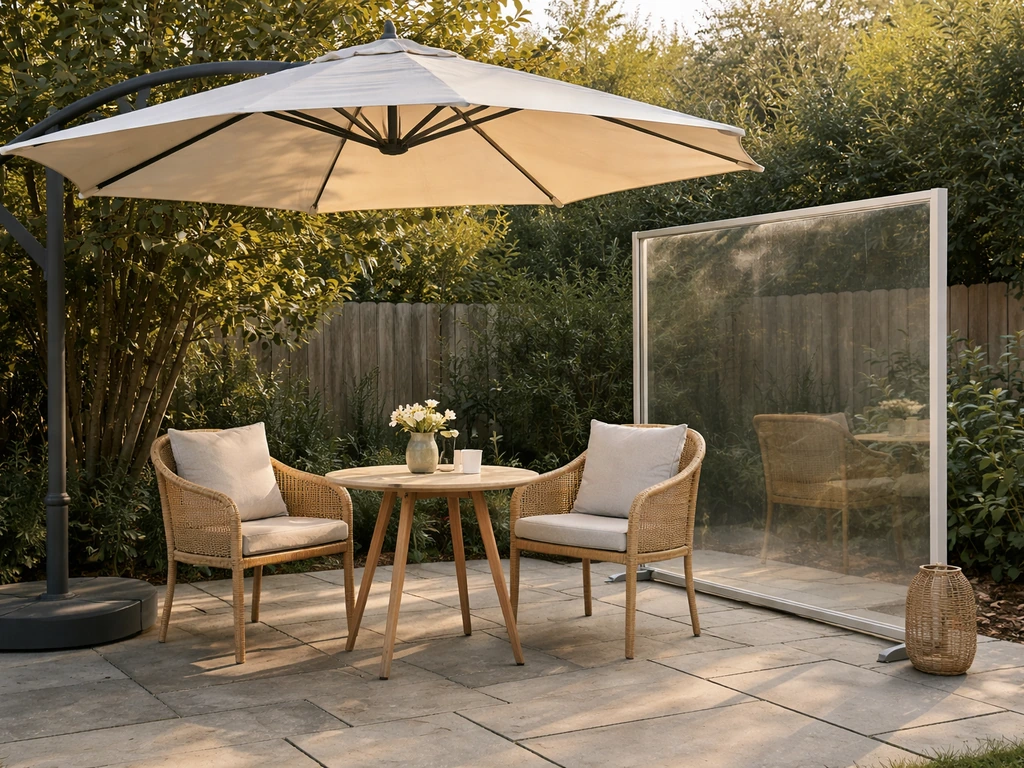 Patio umbrella and windbreak panel creating a shaded, sheltered outdoor seating spot.