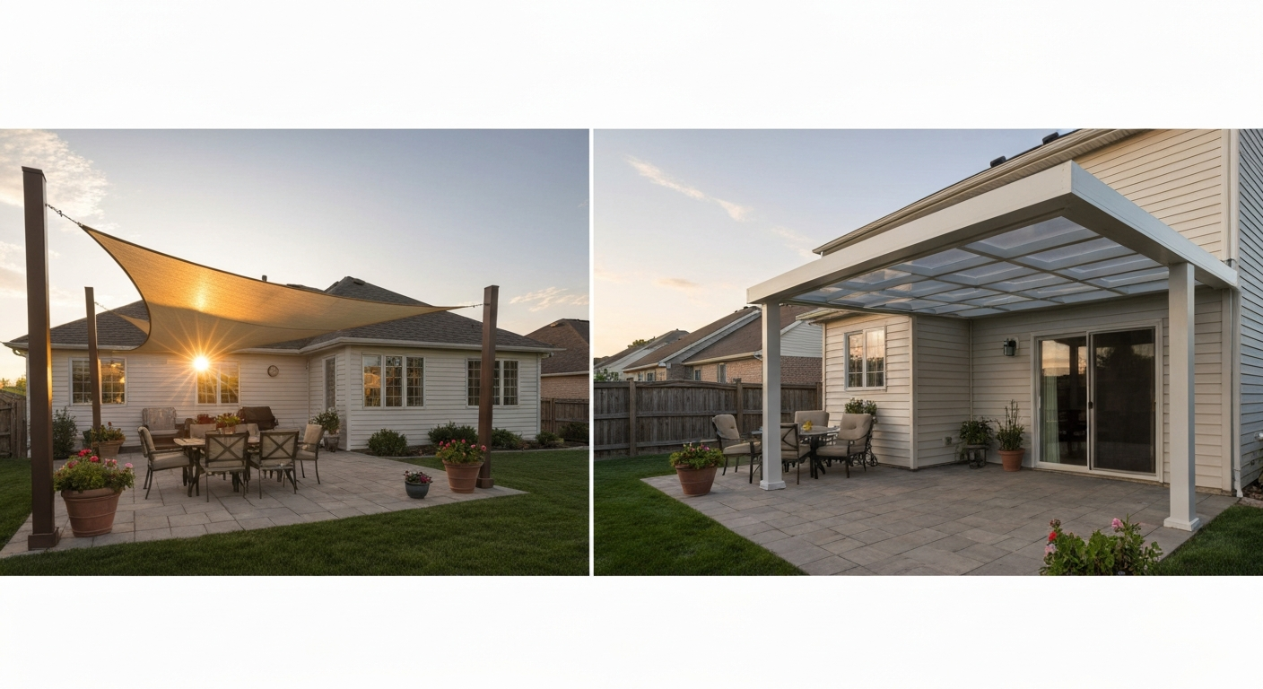 Backyard patio with a triangular shade sail and an attached lean-to roof providing shaded seating on a sunny afternoon.