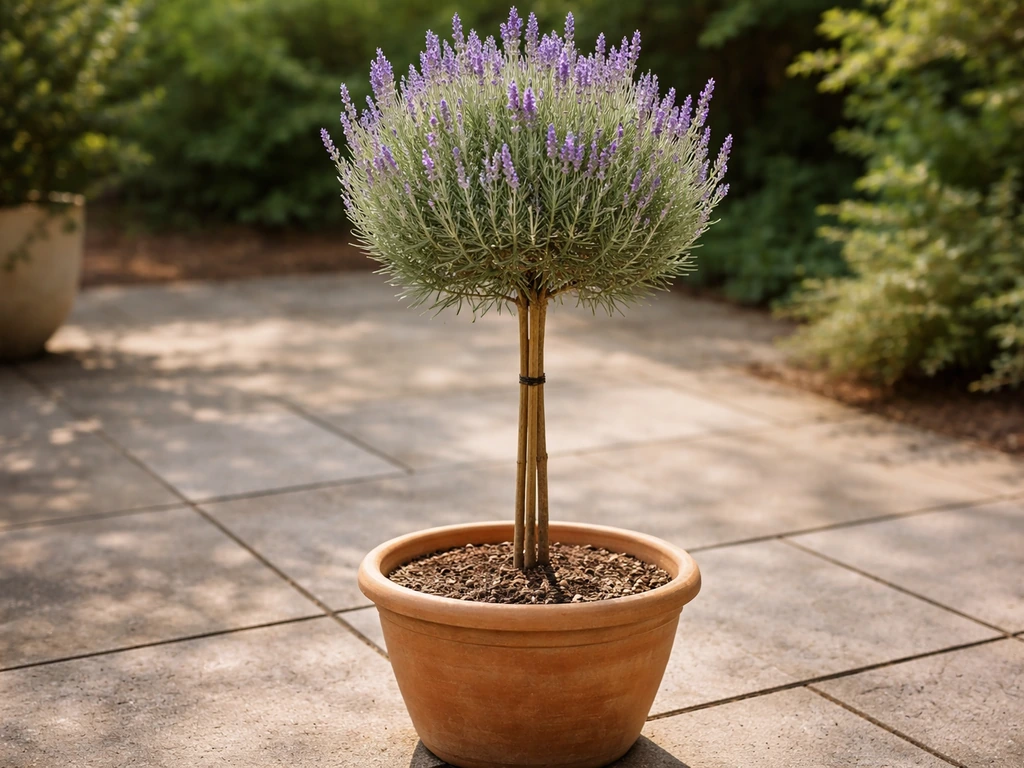 Single staked lavender plant in a pot with a rounded canopy of foliage and purple flowers on a patio.