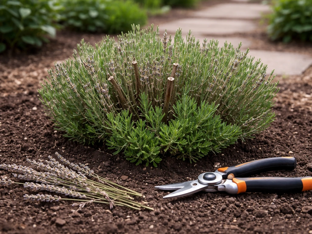 Close-up of a pruned lavender plant with spent blooms removed and a neat pruning cut shaping it.