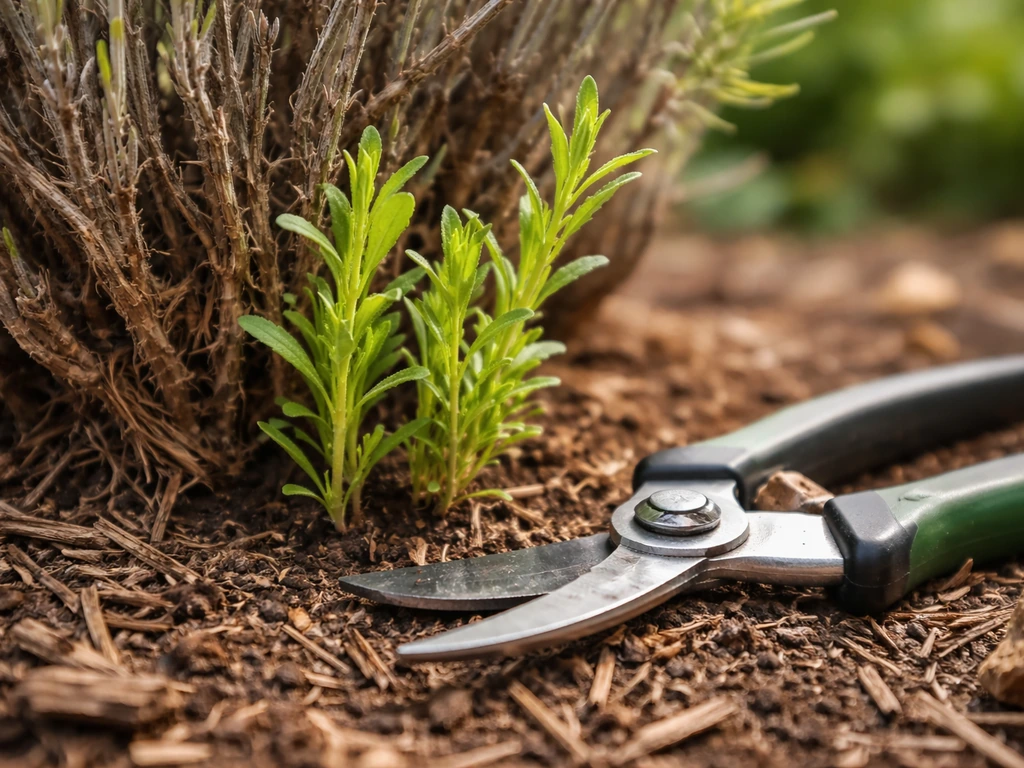 New green spring growth at the lavender base with bypass pruning shears nearby on garden soil.