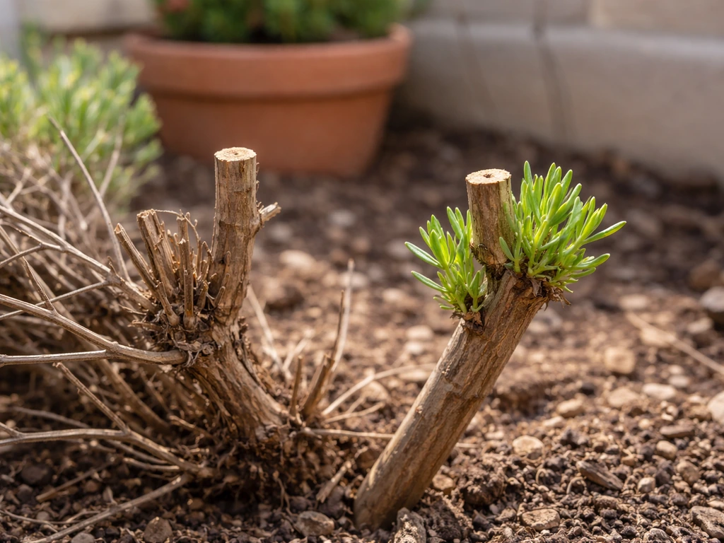 Lavender shrub showing a bad cut into old woody growth next to a corrected pruning above green shoots.