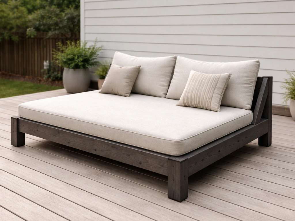 Weatherproof DIY patio daybed with cushions and backrest on an outdoor deck in natural daylight.