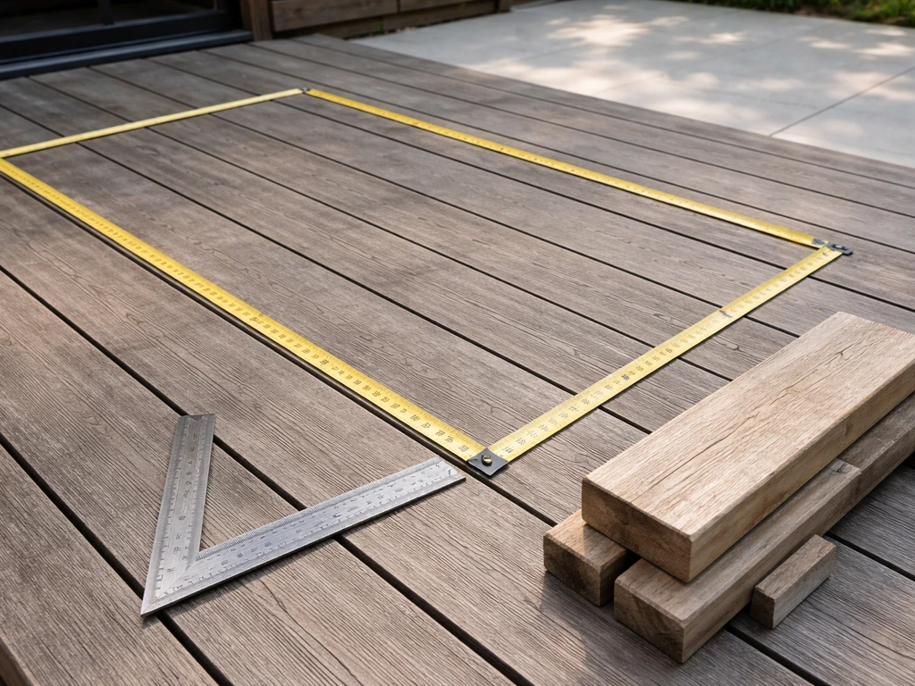 Outdoor patio measuring setup with tape measure, carpenter’s square, and wood pieces for a daybed footprint.