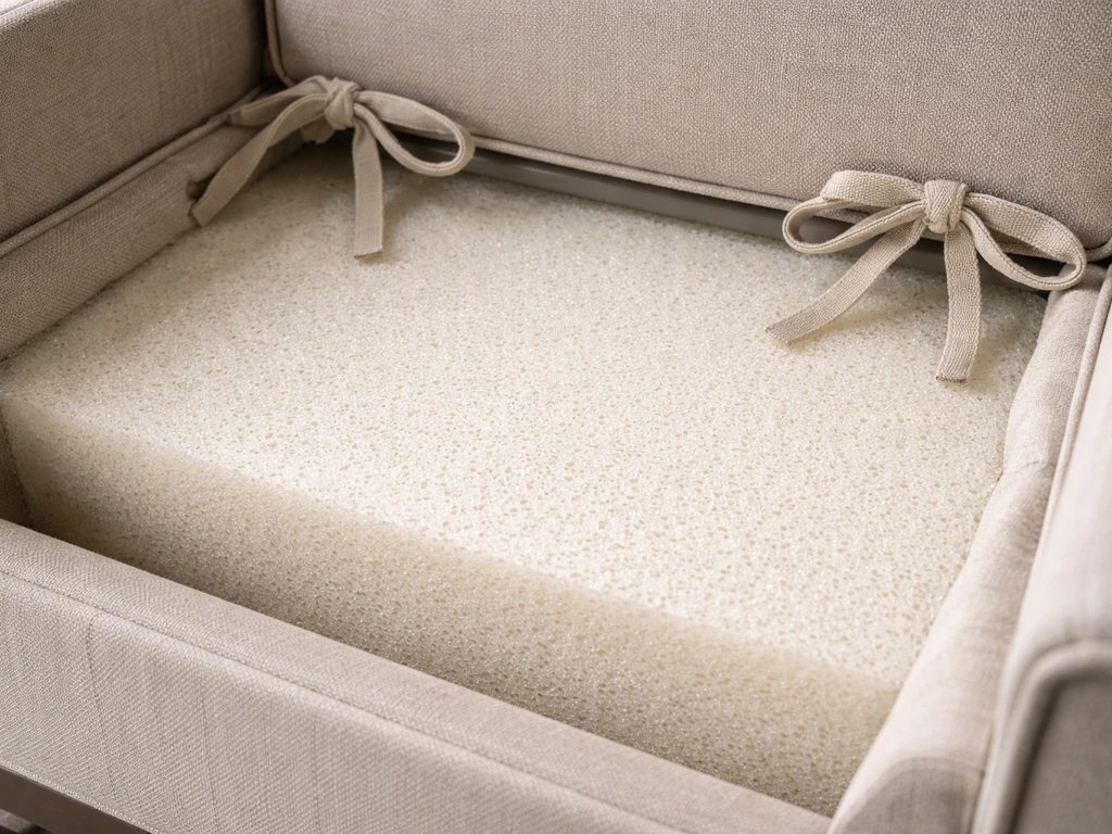 Close-up of open-cell reticulated foam cushion insert with fabric ties anchored to prevent sliding