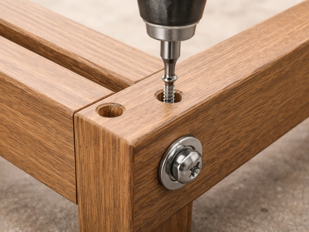 Close-up of stainless exterior screws and carriage bolts fastening a daybed frame joint with visible pilot hole.