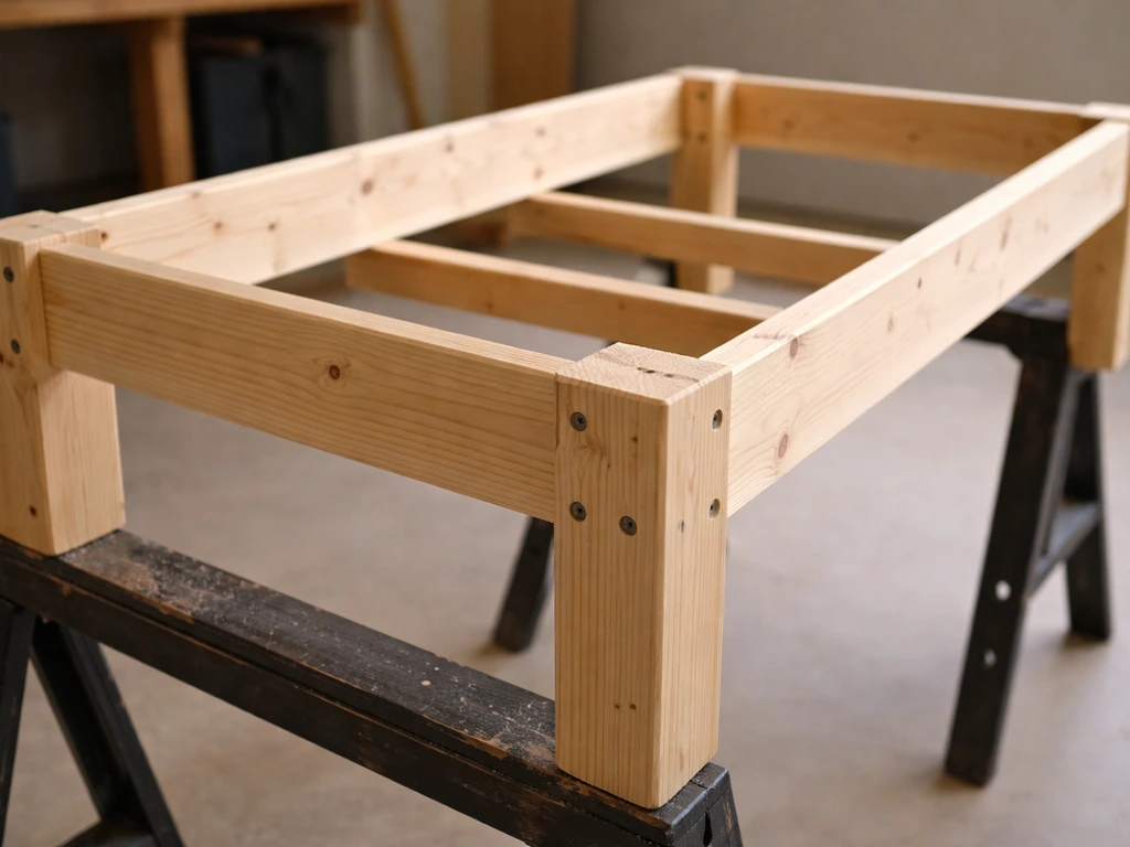 Close-up of a partially assembled wooden base on sawhorses, end rails screwed between side rails with legs attached