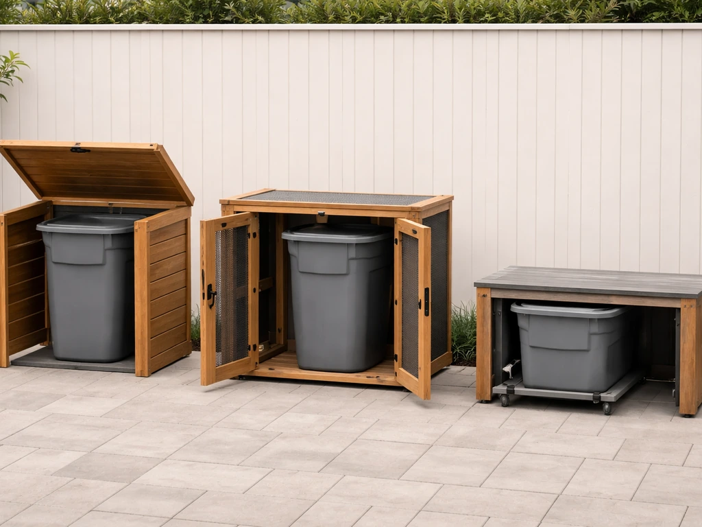 Three DIY patio trash can enclosure setups side-by-side in a simple outdoor setting