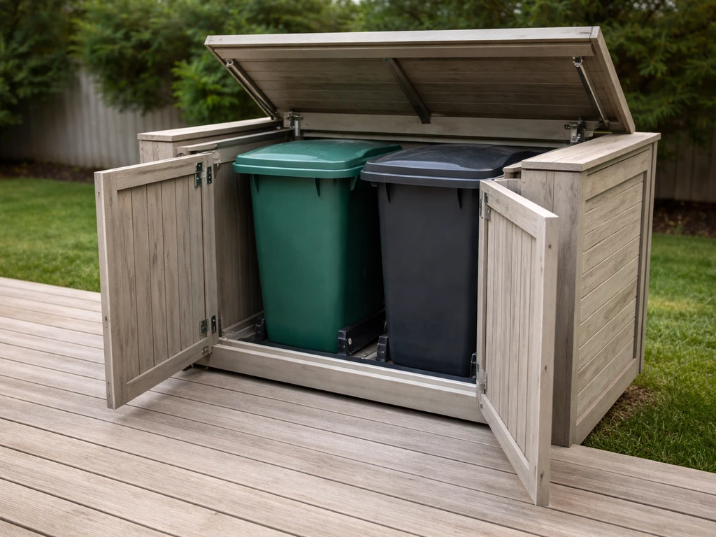 Patio-integrated hideaway cabinet with lift lid and open double doors revealing concealed bin area.