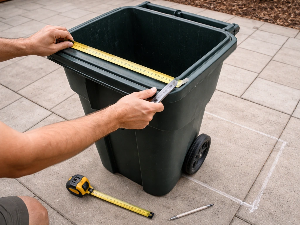 Hands measuring a wheeled trash bin with a tape measure and square, with a chalk outline on the patio.