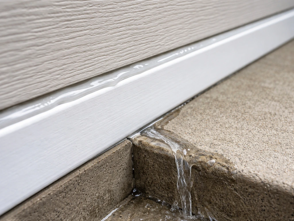 Wet silicone caulk bead along a roof-to-wall joint with water runoff directed away from a patio slab.