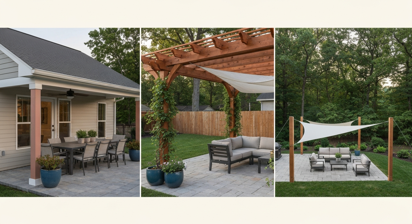 Backyard patio showing an attached lean-to roof, a cedar pergola with shade cloth, and a triangular shade sail over seating, with warm afternoon light.