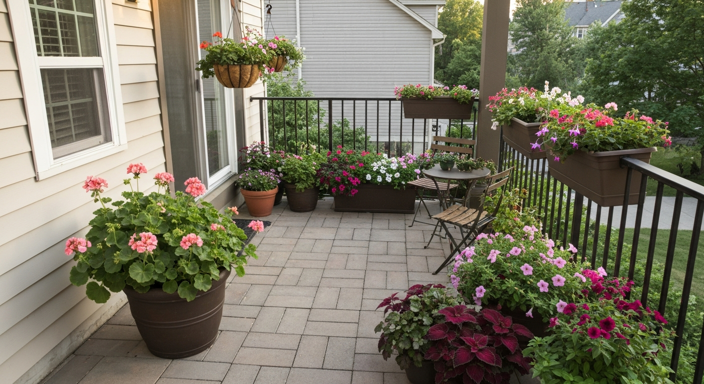 Small sunlit patio with mixed containers, hanging baskets and a bistro table, showing colorful flowers and a clear walking area.