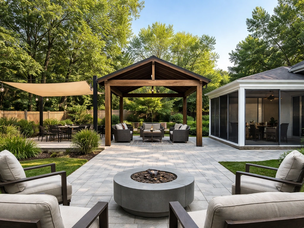 Suburban patio showing shade sail, solid roof, and enclosed screened cover sections in one clear view.