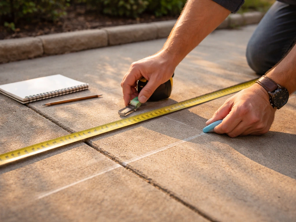Hands measure patio with a tape measure and chalk, with a notepad nearby on concrete.