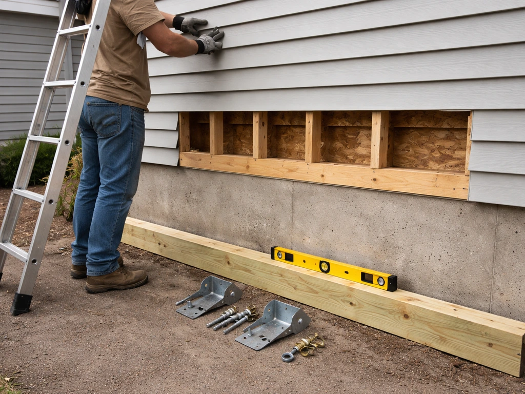 DIYer using a level and ladder beside an exterior wall, with visible studs/rim joist area for attaching a ledger.