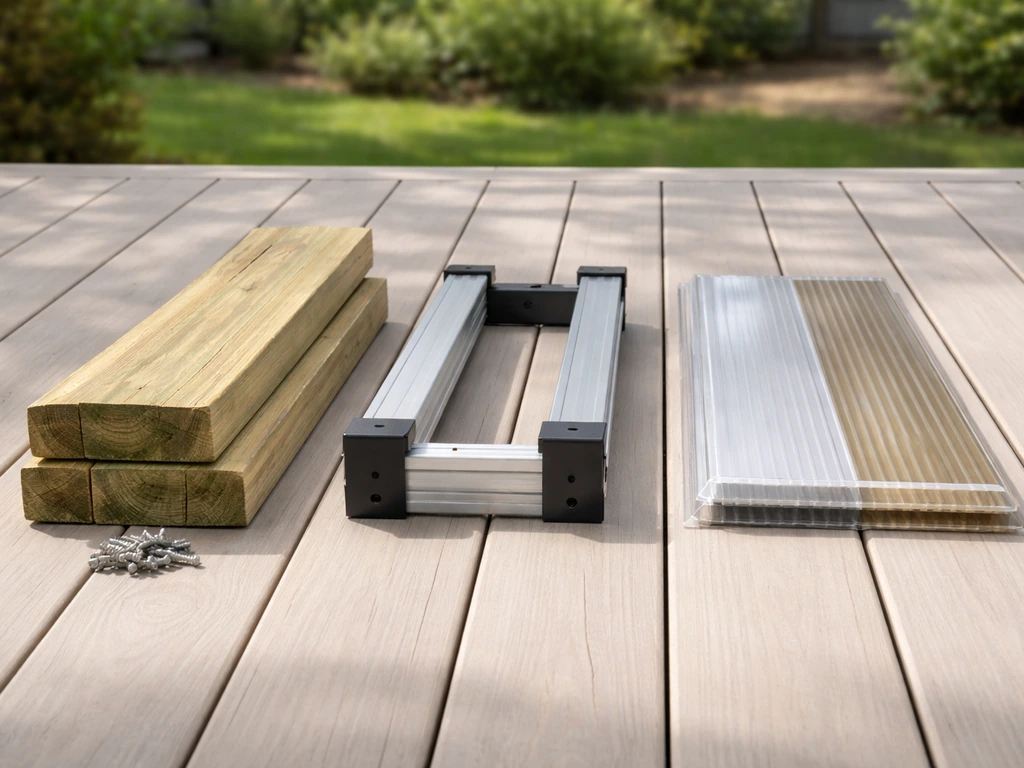 Three patio cover material options—wood framing, metal kit frame, and polycarbonate panels—laid side by side on a deck.