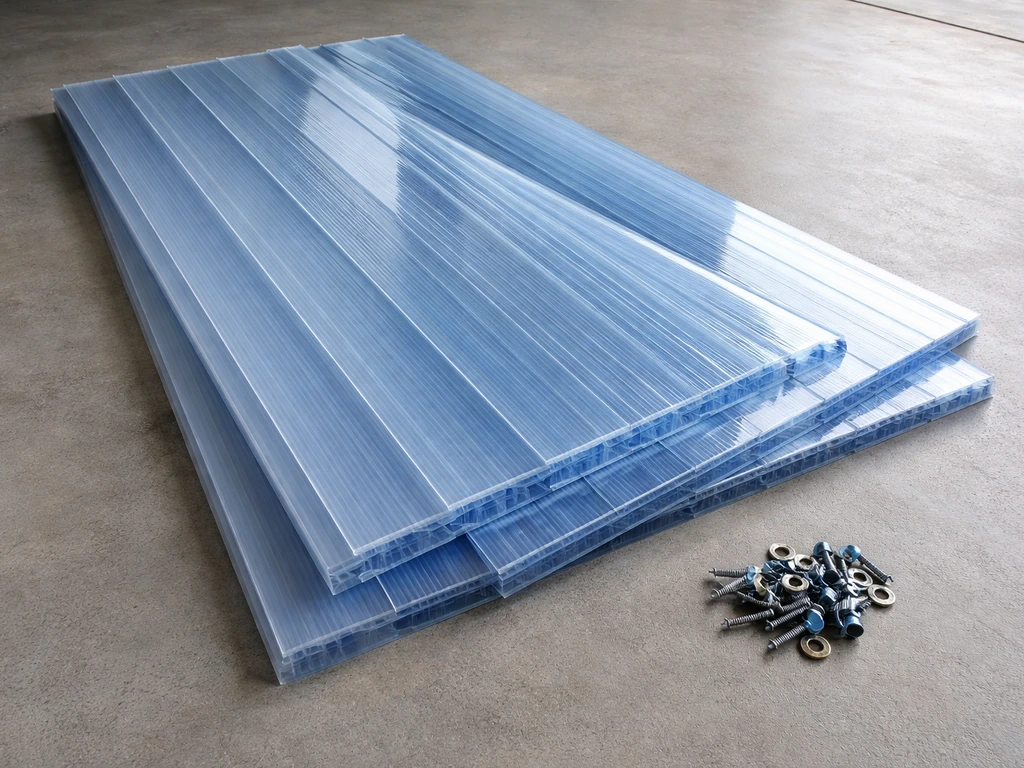 Corrugated polycarbonate patio cover panels with protective film and visible fasteners ready for installation.