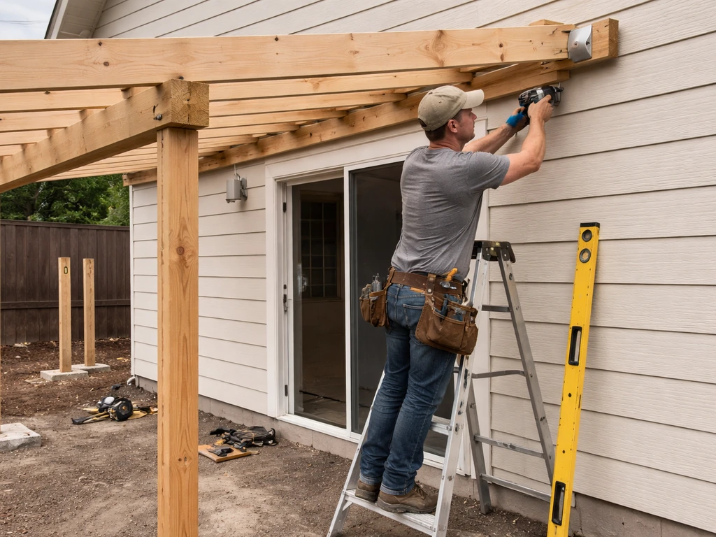 Contractor attaching rafters and ledger on a house for a solid-roof patio cover, using level and brackets.