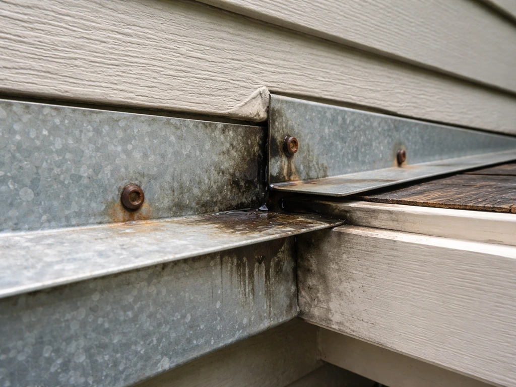 Close-up of a patio cover ledger flashing junction with water staining and rusty metal fasteners