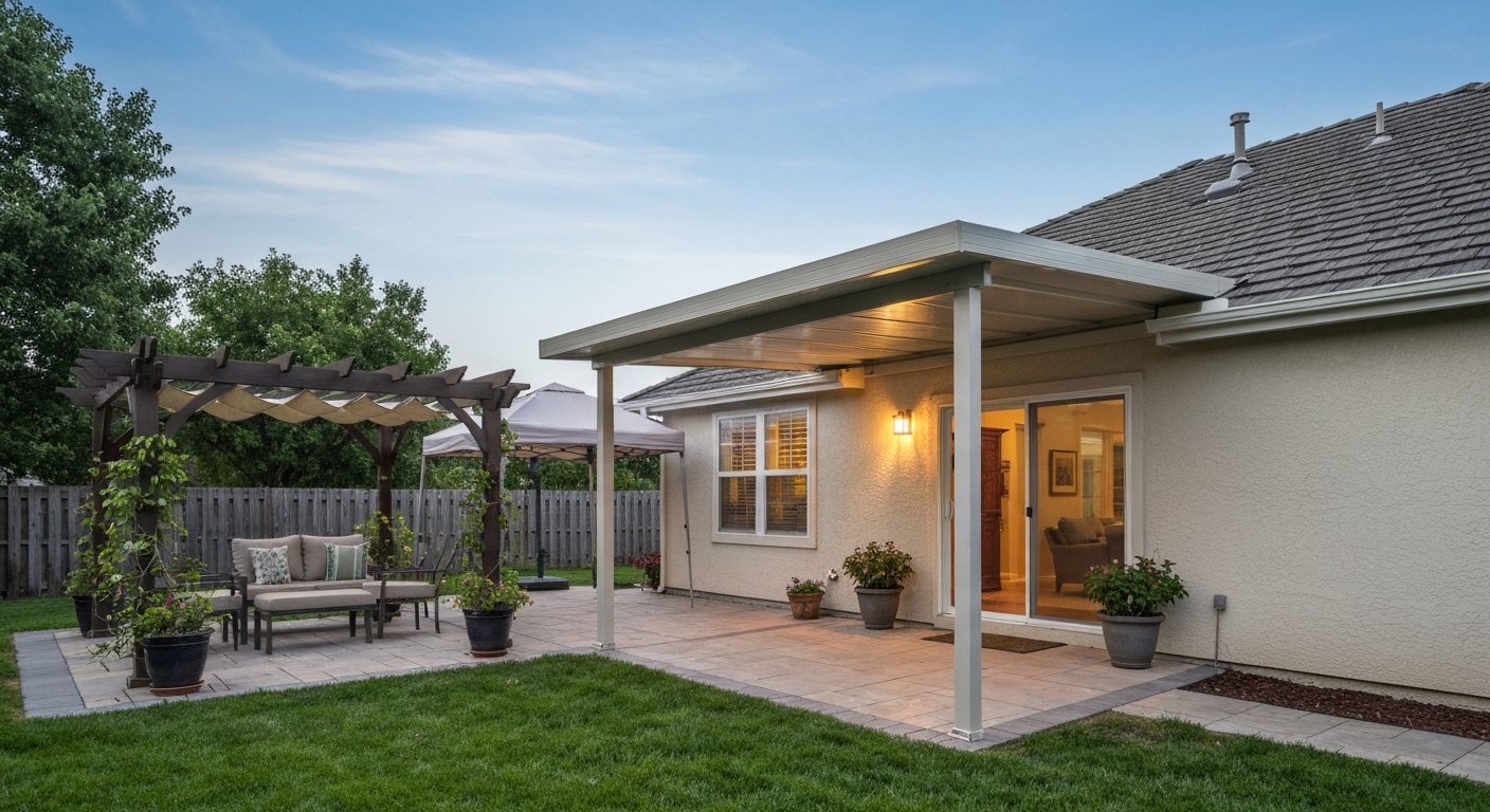 Back patio with an attached lean-to roof (polycarbonate), a freestanding pergola with shade cloth and plants, and seating — showing covered versus uncovered areas.