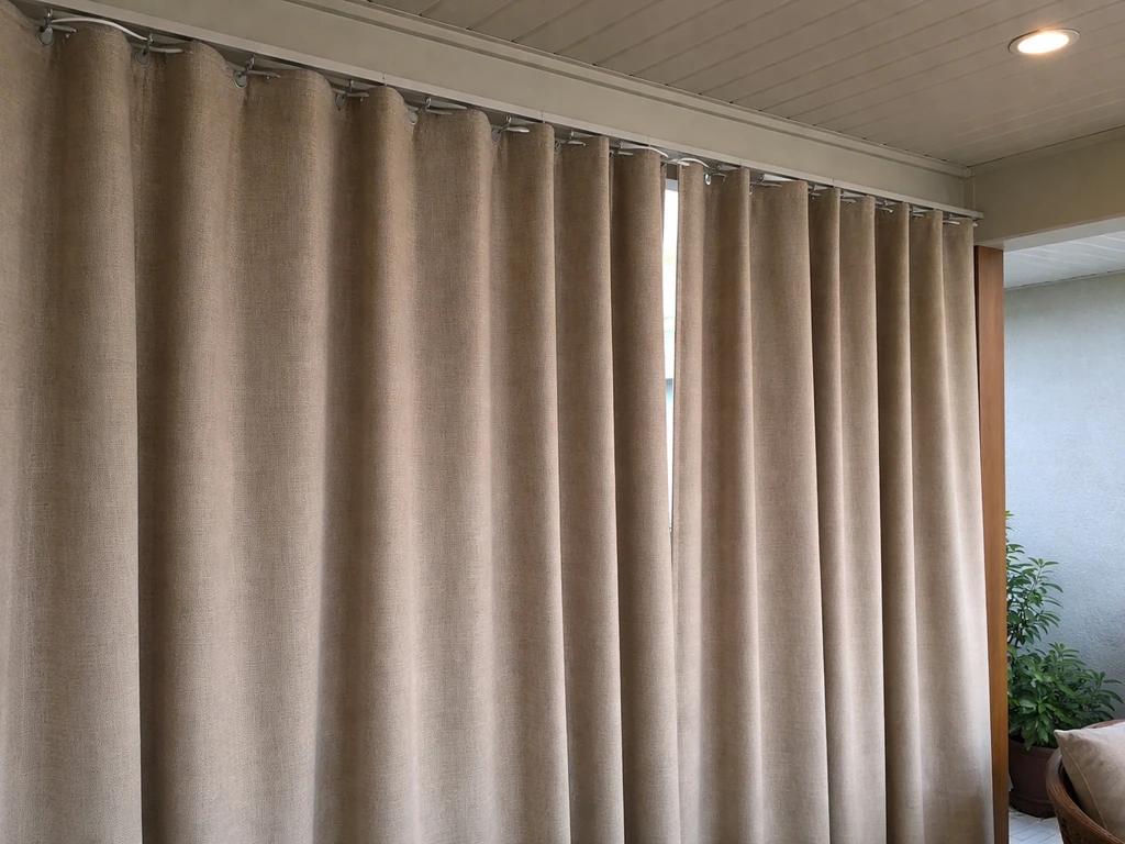 Fabric privacy curtain panels on tension rods drawn across an enclosed patio opening at dusk.