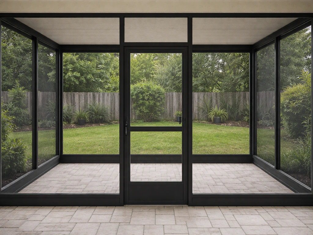 Closed framed screen patio enclosure with a shut screen door and sealed perimeter edges.