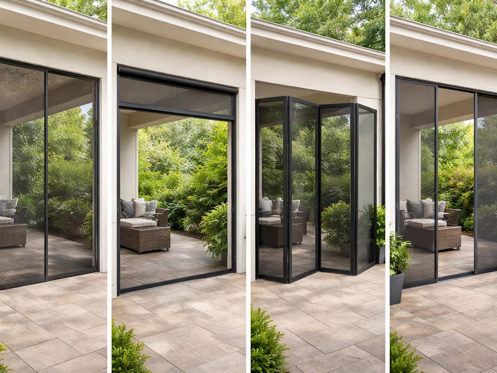 Four minimal side-by-side patio enclosure mockups showing fixed frame, retractable screen, panel screens, and hybrid sty