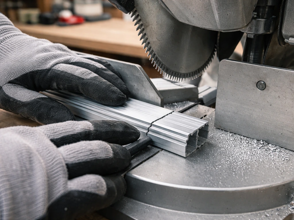 Gloved hands scoring and cutting extruded aluminum screen channel on a miter saw with fine-tooth blade.