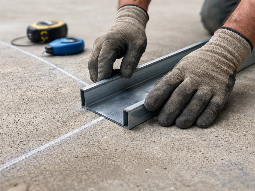 Gloved hands align a metal bottom channel along a snapped chalk line on a concrete slab.