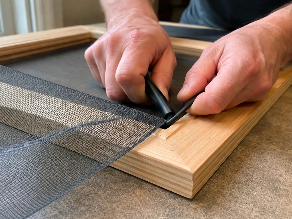 Close-up of a person pressing spline into place while a screen mesh drapes over a framed window opening corner.